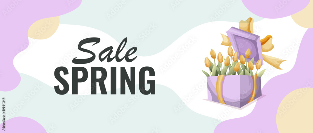 sale banner with box , flowers, pastel color, template for social networks, postcards,  web. vector