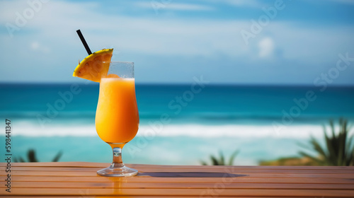 Pain Killer cocktail on background with blue sea and sky tropical background. Generative AI