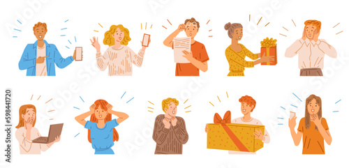 Set of surprised people with gift boxes, laptops and phones - flat vector illustration isolated on white background.