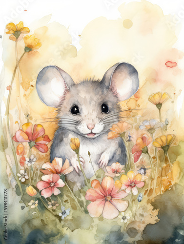 Watercolor Illustration Of A Baby Mouse n the Meadow Flower Field On a White Background in Light Pastel Colors