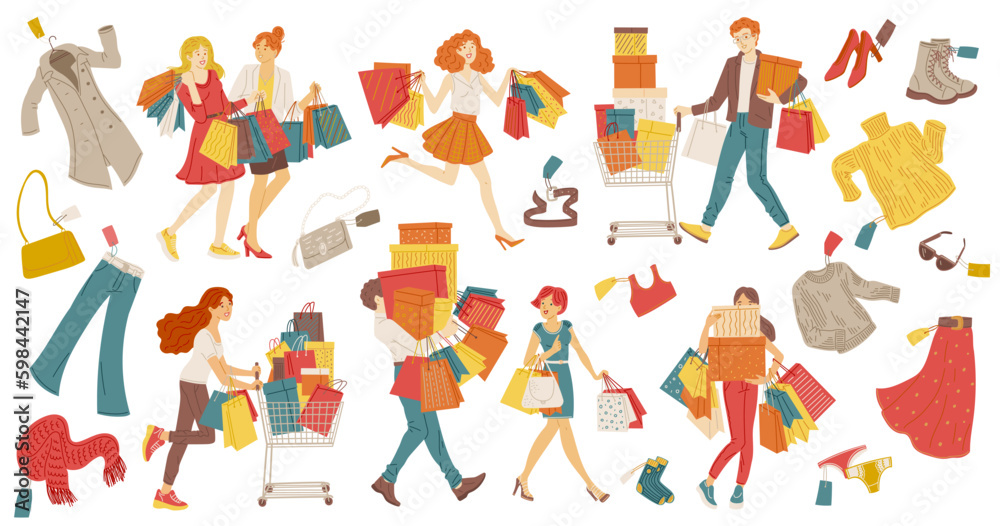 Fototapeta premium Characters and items for sale or shopaholism, flat vector illustration isolated.