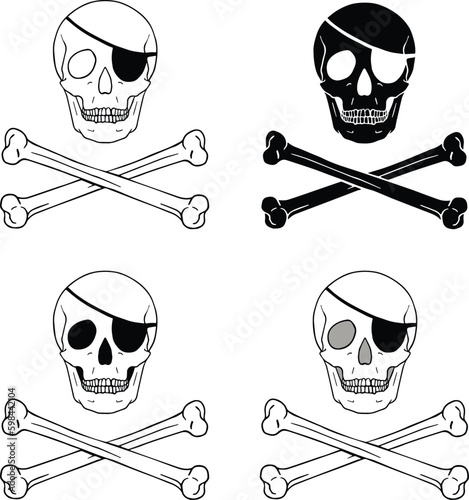 Pirate Skull and Crossbones Symbol with Eyepatch - Outline, Silhouette & Color