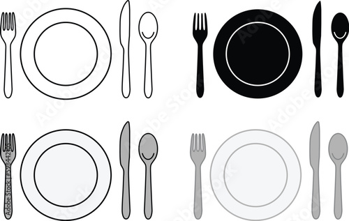 Place Setting with Dinner Plate and Utensils Clipart - Outline, Silhouette & Color