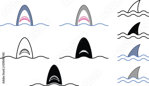Simple Shark Jaws & Fin Clipart Set - Outline, Silhouette & Color