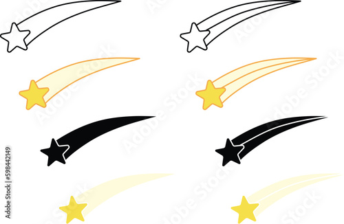 Simple Shooting Star Clipart Set - Outline, Silhouette & Color