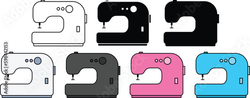 Simple Sewing Machine Clipart Set - Outline, Silhouette & Color	