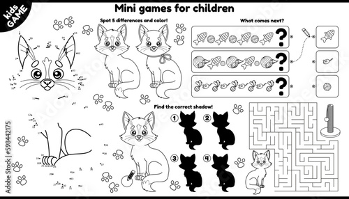 Vector set of outline kids games with cartoon cat. Printable activity mat with maze, connect the dots, find differences and other. Worksheet with cute kitten for kindergarten and Generative AI