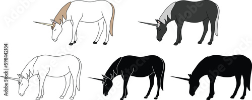Unicorn Grazing Clipart - Outline, Silhouette & Color