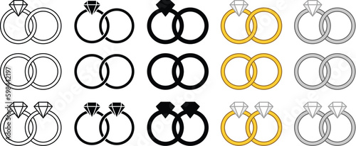 Linked Wedding / Engagement Rings Clipart Set - Outline, Silhouette, Silver & Gold