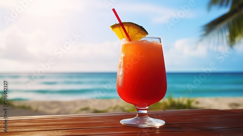 Bahama Mama cocktail on background with blue sea and sky tropical background. Generative AI