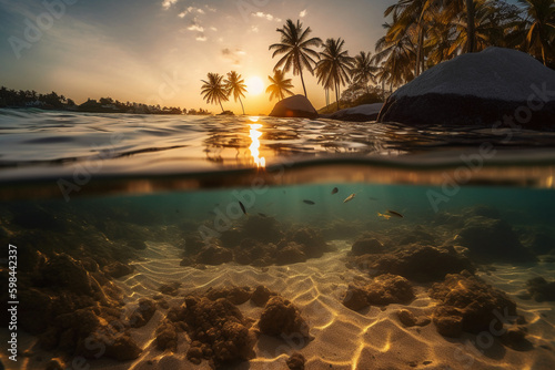 Photograph of beautiful inviting beach scene with sunset sky. AI generative