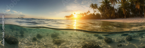 Photograph of beautiful inviting beach scene with sunset sky. AI generative