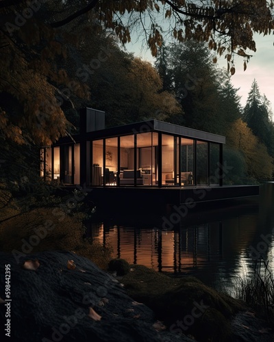 Cosy modern house with large glas windows. Located in the forest with a lake. © This is Art
