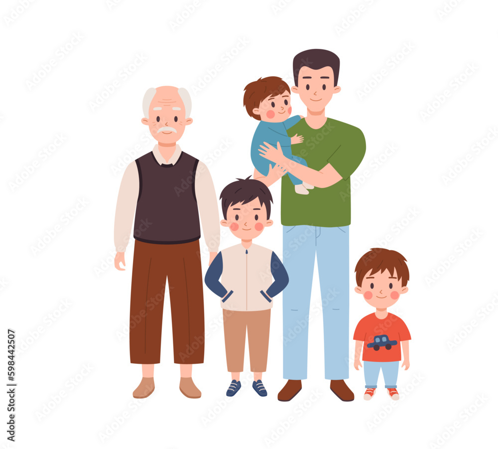 Men of a large family of three generations, flat vector illustration isolated. Men of a large family of three generations, flat vector illustration isolated.