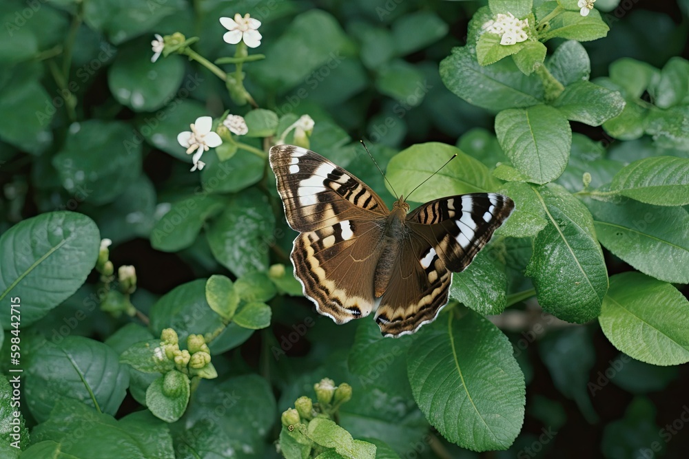 colorful butterfly perched on a vibrant green leaf. Generative AI colorful butterfly perched on a vibrant green leaf. Generative AI