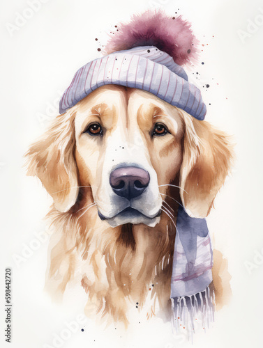 Watercolor Illustration Of a Golden Retriever in a Purple Warm Hat and a Scarf on a White Background In Light Soft Pastel Colors