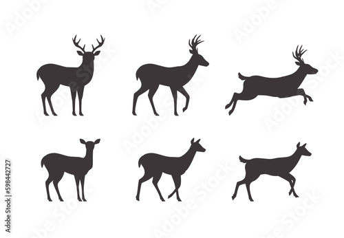 Fotografiet Set of male and female deer silhouettes in different poses, flat vector illustration isolated on white background
