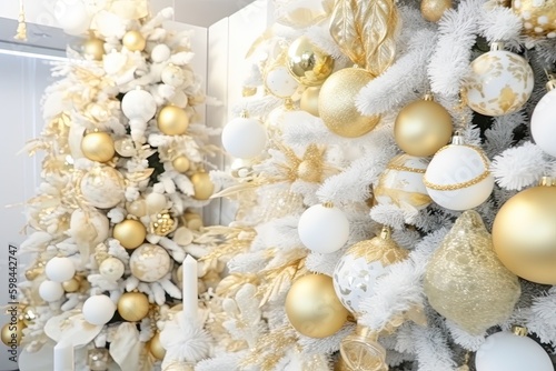 two elegant white and gold Christmas trees standing side by side. Generative AI