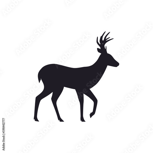 Deer with antler walking  black silhouette flat vector illustration isolated on white background.
