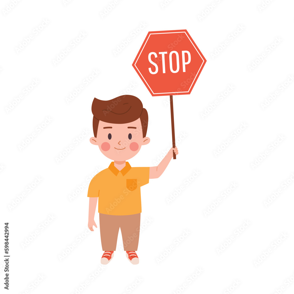 Boy holding stop road sign, flat vector illustration isolated on background. Boy holding stop road sign, flat vector illustration isolated on background.