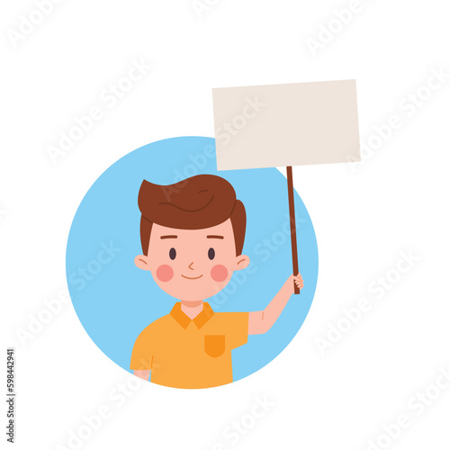 Cute little boy rising blank board or sign, circle icon - flat vector illustration isolated on white background.
