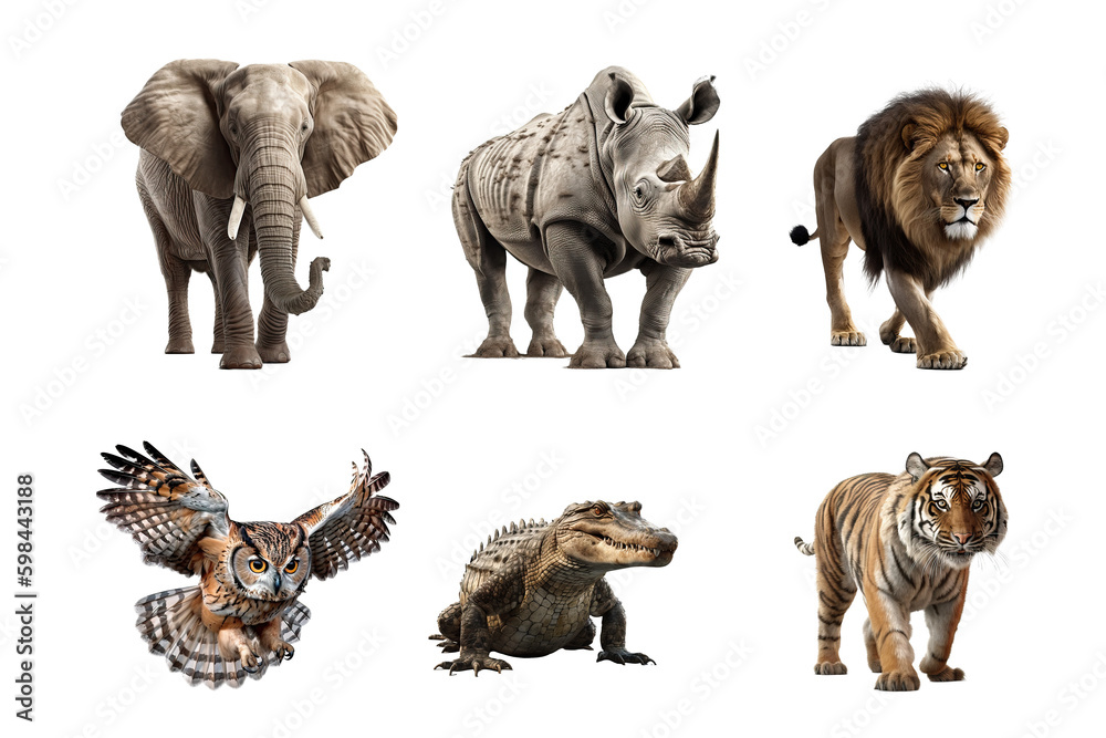 mixed wild animals transparent background. Elephant, Rhino, Lion, Owl, Tiger, Crocodile isolated background mixed wild animals transparent background. Elephant, Rhino, Lion, Owl, Tiger, Crocodile isolated background
