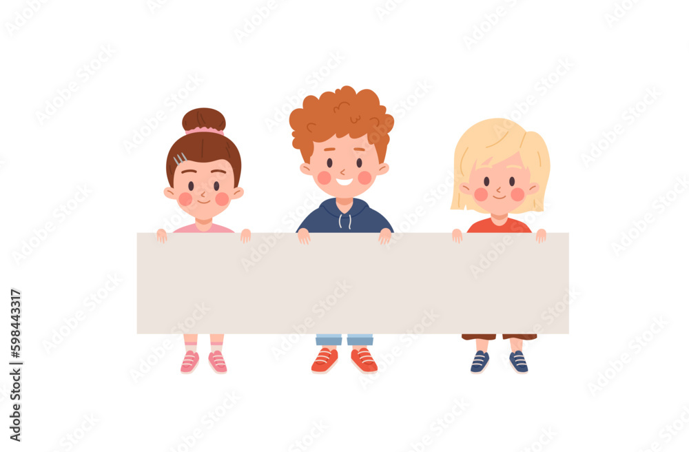 Smiling children holding rectangular paper banner flat style Smiling children holding rectangular paper banner flat style