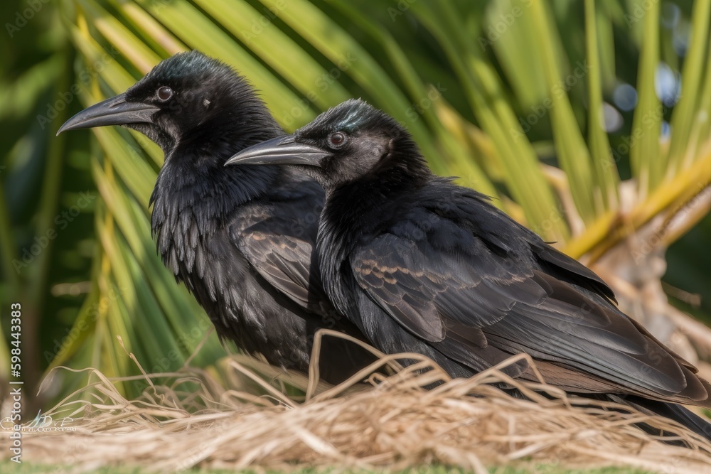 Naklejka premium two black birds perched on a haystack in a rural setting. Generative AI