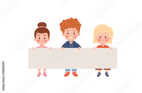 Smiling children holding rectangular paper banner flat style