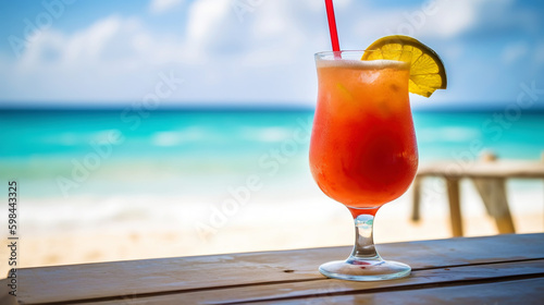 Hurricane cocktail on background with blue sea and sky tropical background. Generative AI