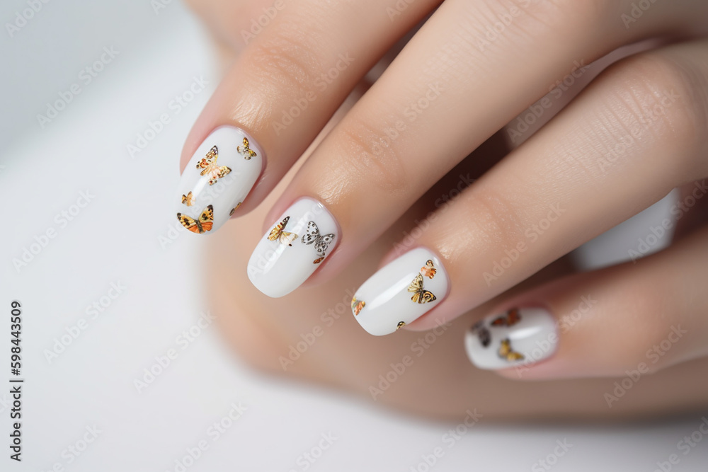 Butterfly art design on woman fingernails with tiny butterflies on every nail. Generative AI Butterfly art design on woman fingernails with tiny butterflies on every nail. Generative AI