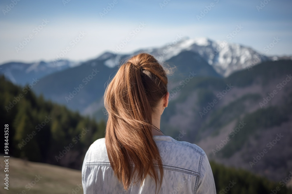 Obraz premium Young long haired woman admiring beautiful mountains, back view. Generative AI