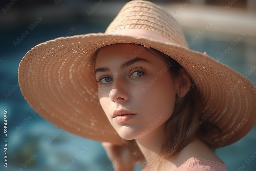 Pretty young woman in a straw hat in a swimming-pool. Generative AI