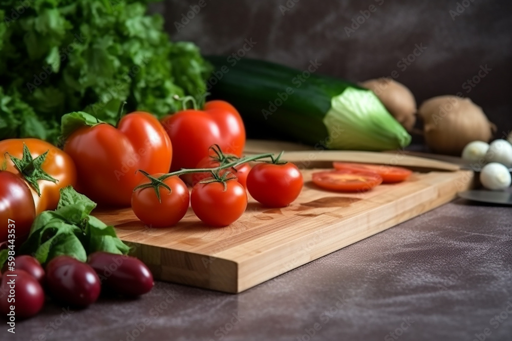 Tomatoes, zucchini, green salad on a cutting board in a kitchen. Generative AI Tomatoes, zucchini, green salad on a cutting board in a kitchen. Generative AI