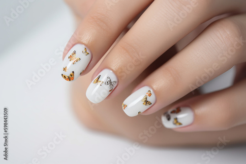 Butterfly art design on woman fingernails with tiny butterflies on every nail. Generative AI