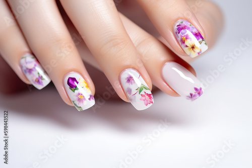 Summer manicure on woman hands, flower on every fingernail. Generative AI