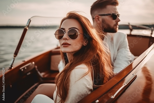 Young redhead woman with her boyfriend on a luxury yacht. Generative AI