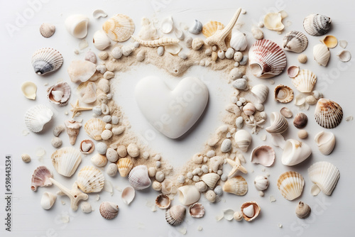 Heart shape composition of seashells and pebbles on white background, flatlay. Generative AI