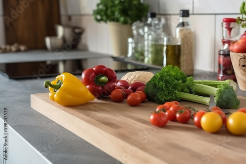 Vegetables on a cutting board in a kitchen. Generative AI