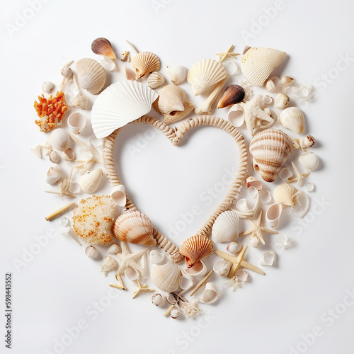 Heart shape composition of seashells, mockup. Generative AI