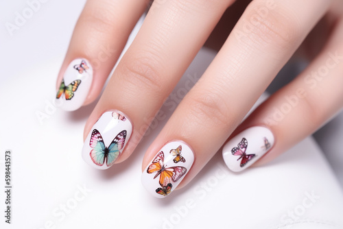 Butterfly art design on woman hands with butterflies on every nail. Generative AI