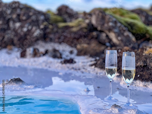 champagne glasses at the Blue Lagoon, Iceland
