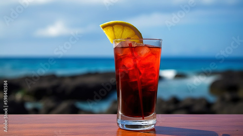 Lava flow cocktail on background with blue sea and sky tropical background. Generative AI