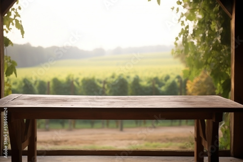  An empty rustic oak wood table in front of a green vineyard. Generative IA
