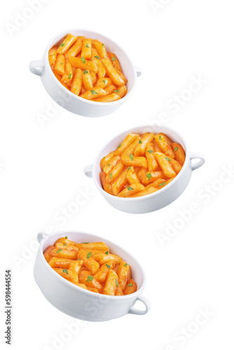 Tteokbokki. Traditional korean rice sticks in hot spicy sauce on a white isolated background