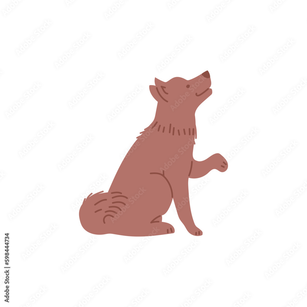 Obraz premium Cute dog looking up and rising paw, cartoon flat vector illustration isolated on white background.