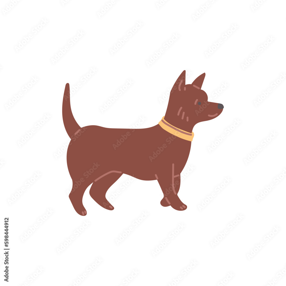 Cute small dog in collar walking, cartoon flat vector illustration isolated on white background.