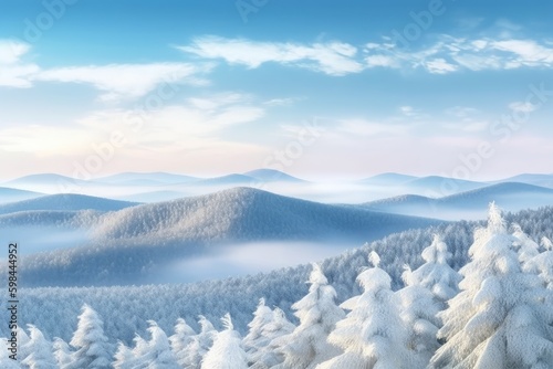 snow-covered mountain range with trees in foreground. Generative AI