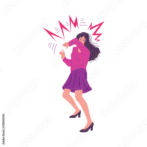 Frightened woman closes herself from danger  flat vector illustration isolated on white background.