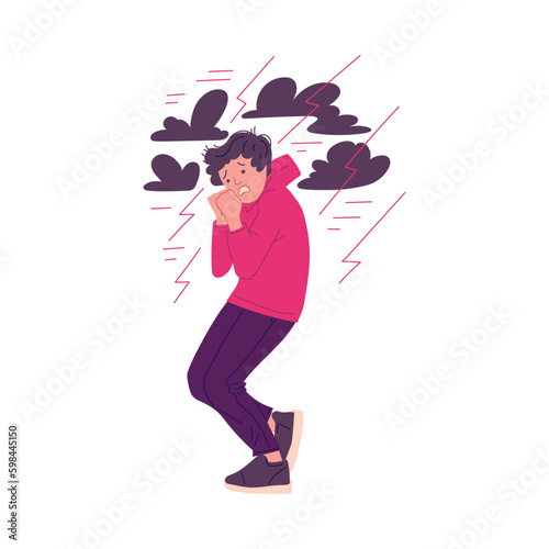 Scared man is afraid of lighting and thunderstorm, flat vector illustration isolated on white background.
